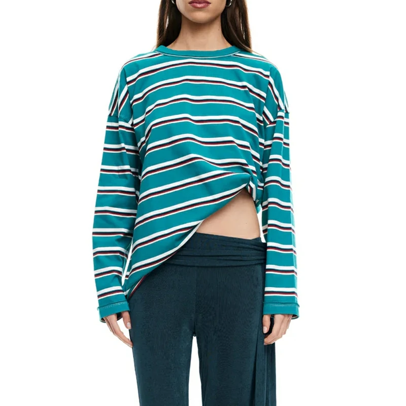 Womens Striped Oversized Sweatshirt Color Block Crew Neck Long Sleeve Casual Loose Fit Pullover Shirt Top Y2K Clothes