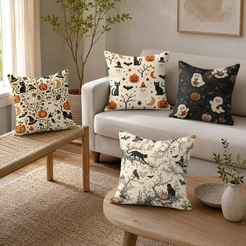 Halloween Ghost Print Cushion Cover Organic Linen Throw Pillow Cover - Double-Sided Print Breathable Cushion Case Home Decor