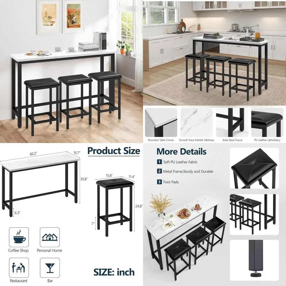 Modern Counter Height Bar Table Set with 3 PU Upholstered Stools and Faux Marble Top for Kitchen