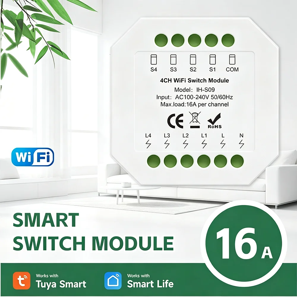Tuya Smart 1-4 Channel WiFi Switch Module 100-240V 16A Max Load Smart Life App Remote Control for Home Automation Alexa Google