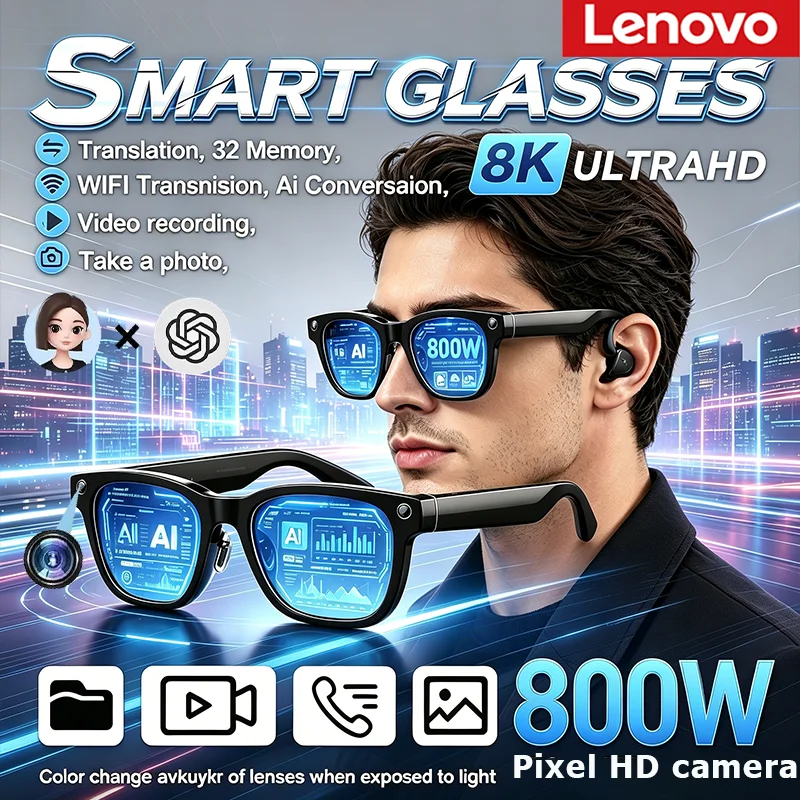 

Умные очки Lenovo Men AI с HD-камерой 8 МП, съемкой 8K, AI-переводом, Bluetooth, записью звонков, музыкой, умные солнцезащитные очки 2026