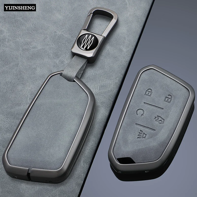 5 Buttons Zinc Alloy + Leather Car Key Case Cover Fob Holder Shell For Cadillac CT4 CT5 CT4-V C8 Corvette 2020 2021 Escalade