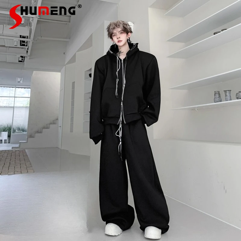 

Мужские осенние новые уличные спортивные толстовки с капюшоном 2024, комплекты с украшением из ленты, модные широкие брюки, удобные комплекты из двух предметов