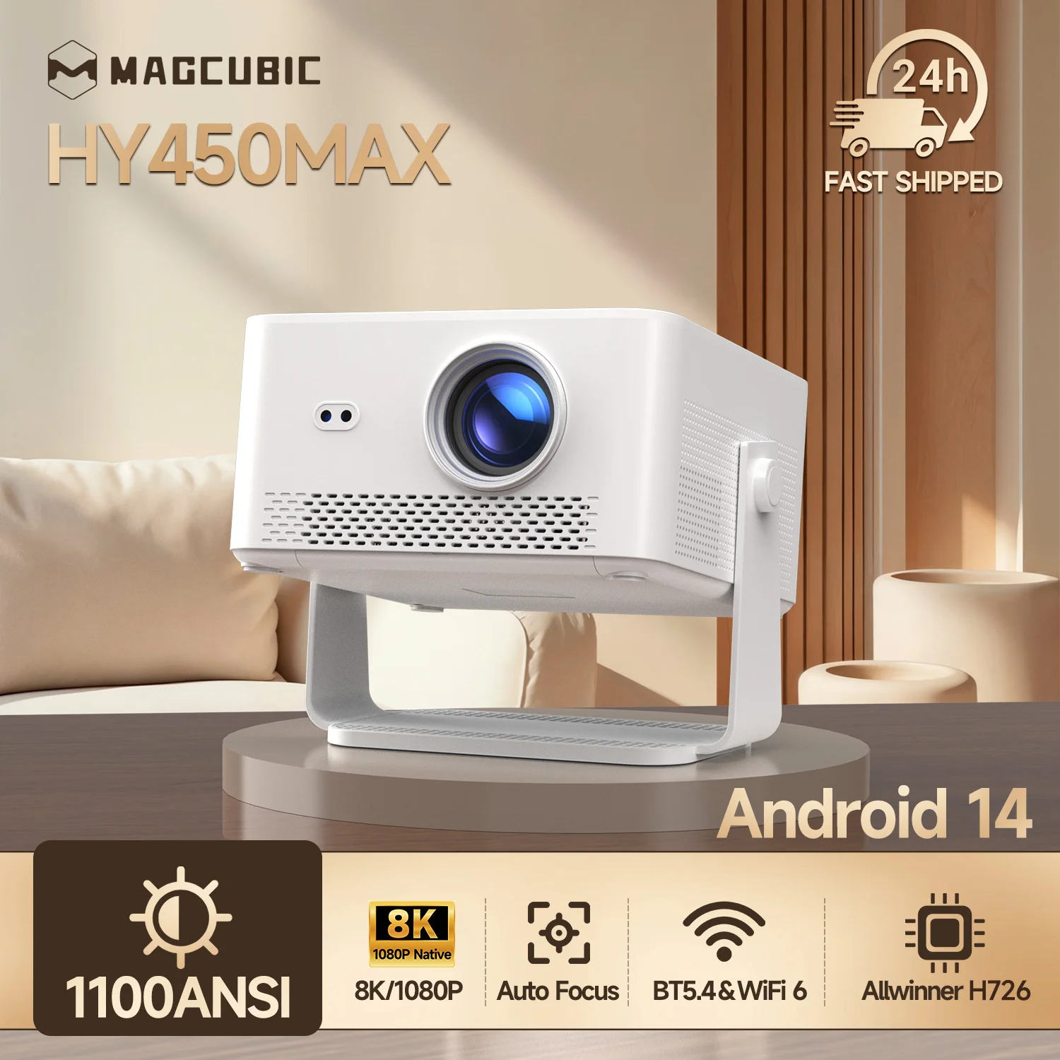 Magcubic HY450MAX Outdoor Mini-Projektor, 1100ANSI 1080P Autofokus, Android 14 WiFi6 8K-Unterstützung, Heller Heimkino-Strahler