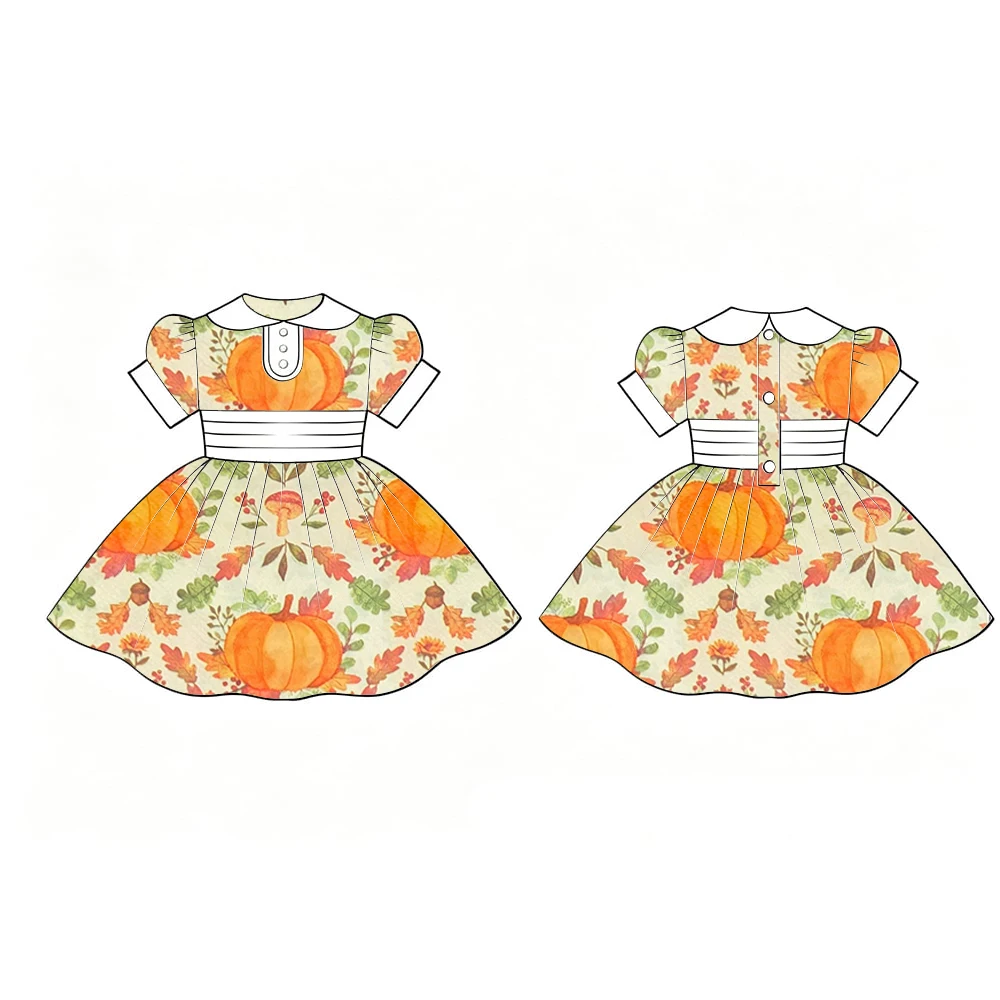 Toddler Girls Pumpkin Print Dress Peter Pan Collar Short Sleeve A Line Princess Dress Kids Fall Thanksgiving Party Outfit