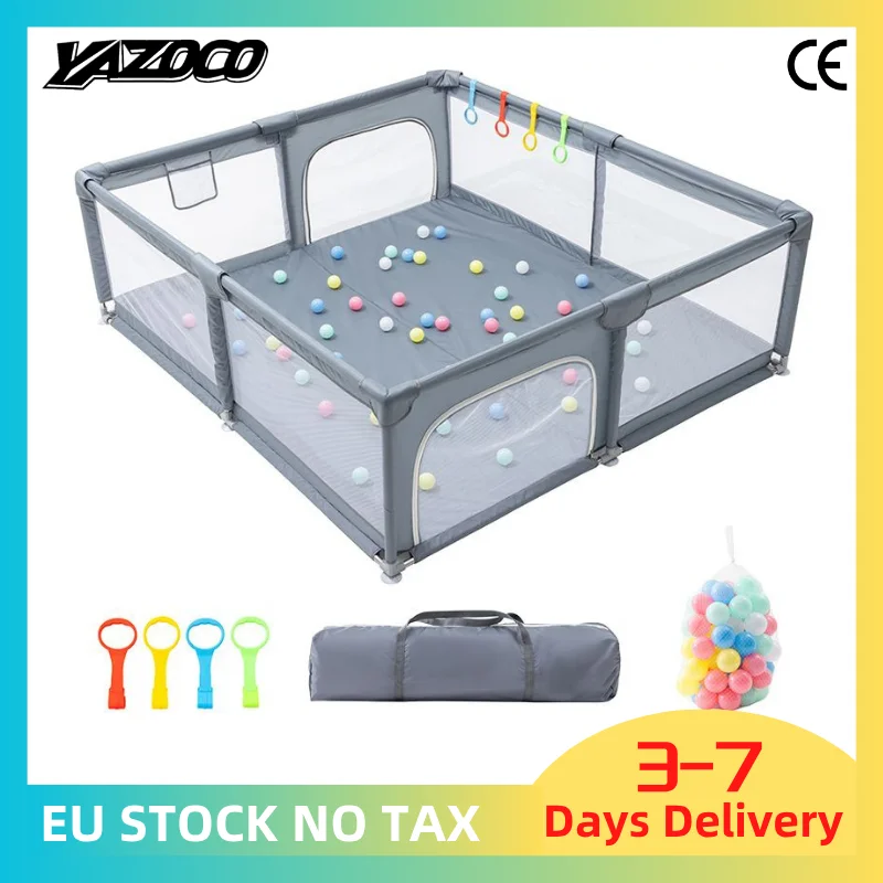 Parque de juegos para bebés 2026 gris claro con anillo de tracción, valla de seguridad infantil y caja de bolas