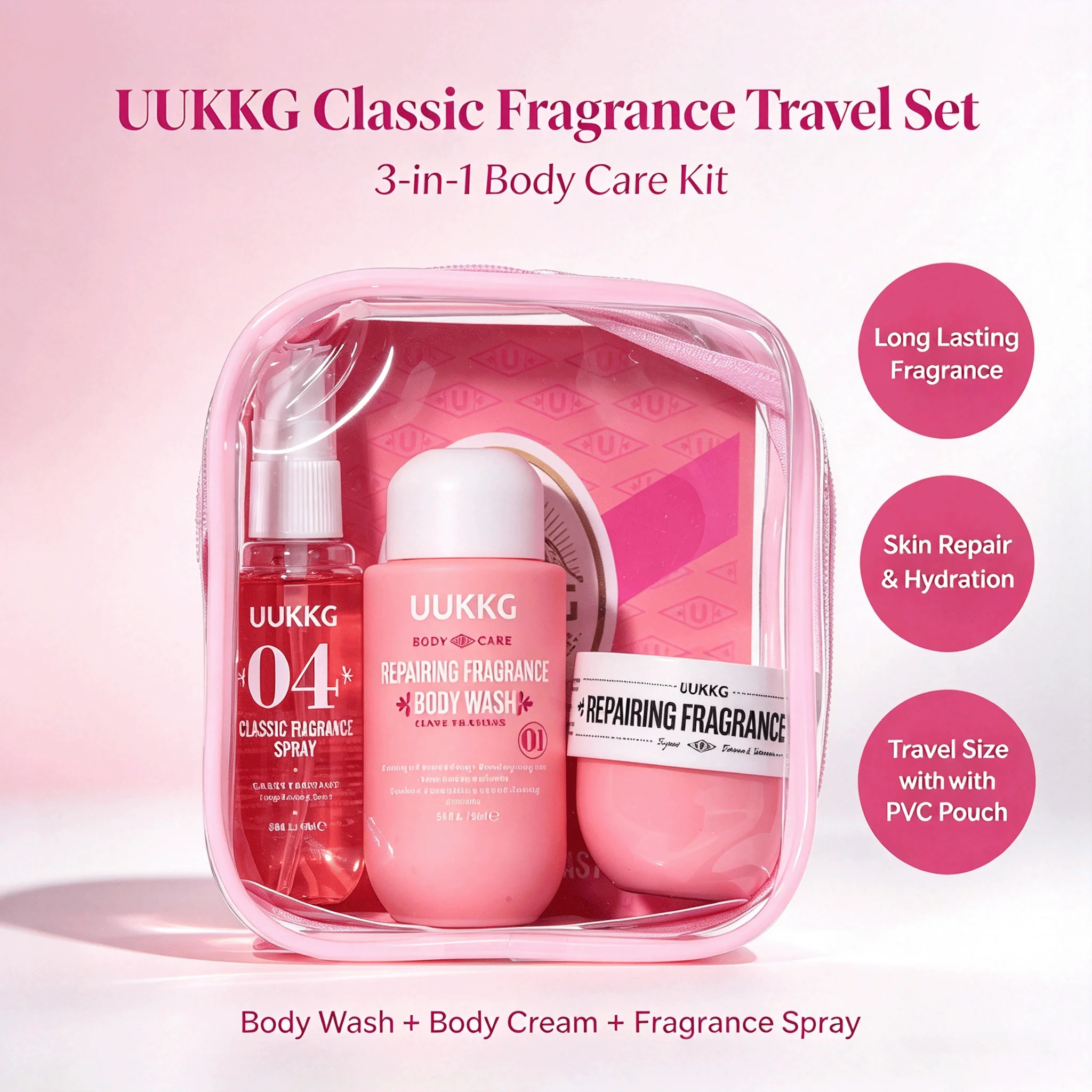 UUKKG 3 Pcs Luxury Fragrance Travel Kit Body Wash Body Lotion Fragrance Spray Portable Toiletries Set for Travel Gym Hotel Gifti