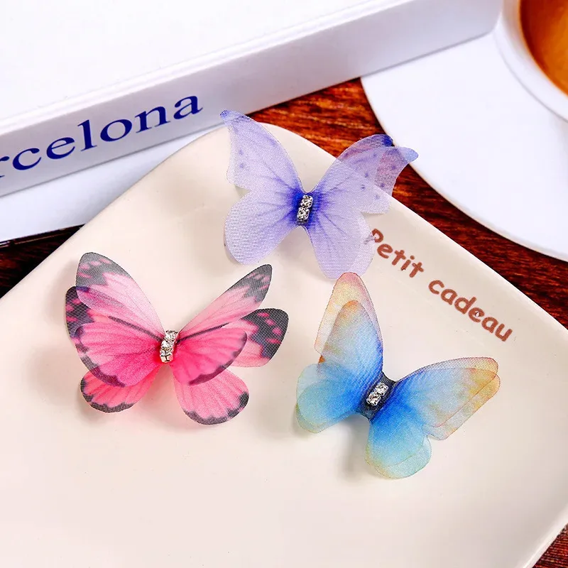50Pcs Double Layer With Diamond Three-Dimensional Yarn Simulation Mesh Butterfly Jewelry Handmade DIY Headwear Accessories