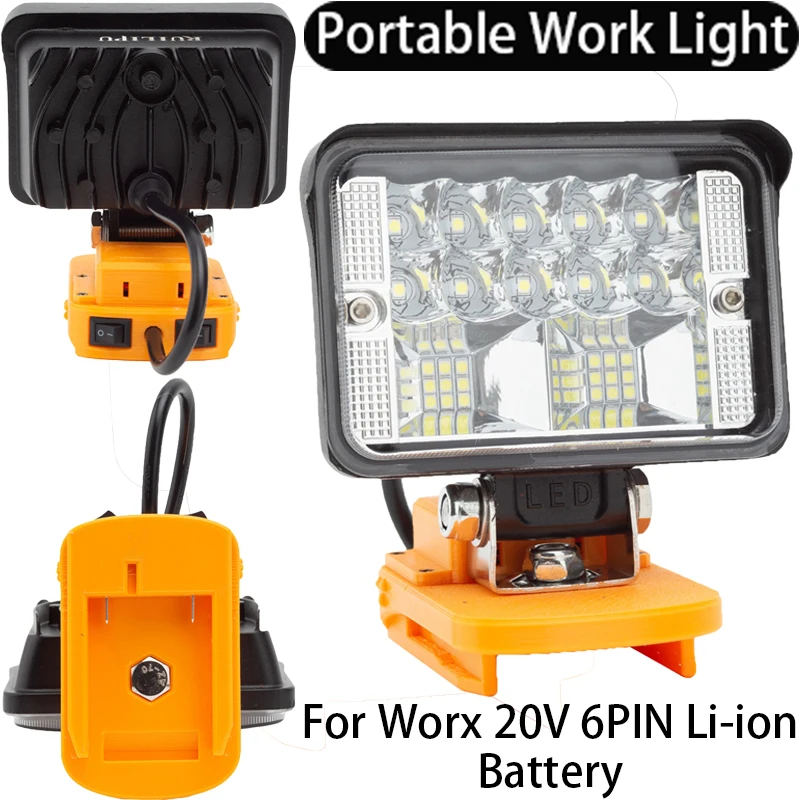 Luz LED de trabajo para Worx, luz de un solo cabezal con interfaz de carga rápida USB, portátil, 20V, 6 pines, batería de iones de litio