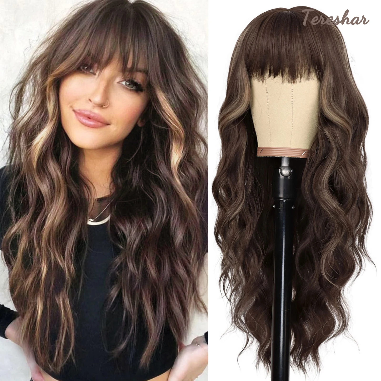 Tereshar Synthetic Dark Brown Wigs with Bangs,Brown Highlight Long Wavy Wig for Women Long Curly Hair Wig for Party Daily Use