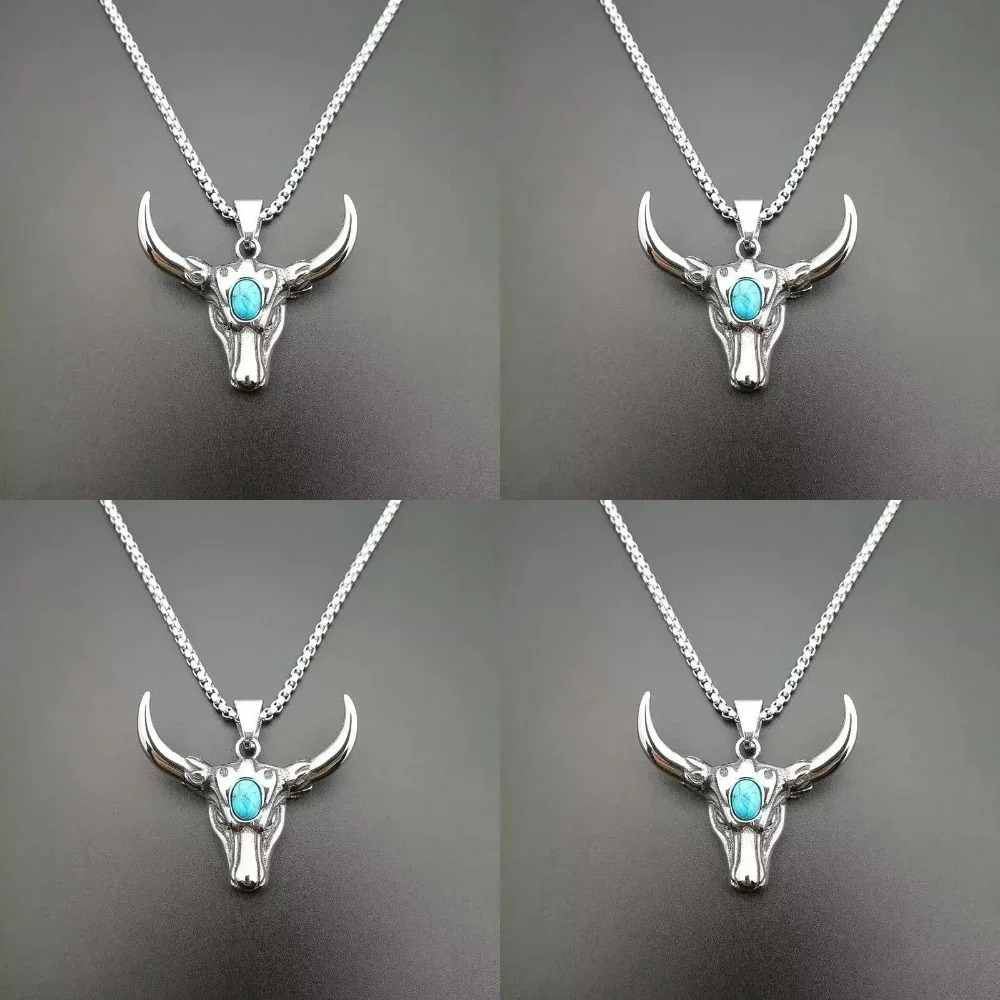 

Punk retro accessory titanium steel polished turquoise bull pendant necklace