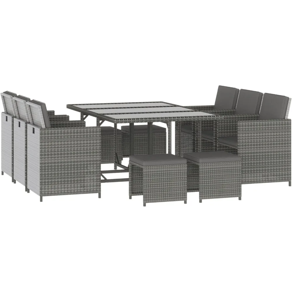 

11 Pieces Outdoor Dining Set for 10, Space Saving Wicker Chairs and Glass Table with Cushions and Ottomans, Rattan Conversation