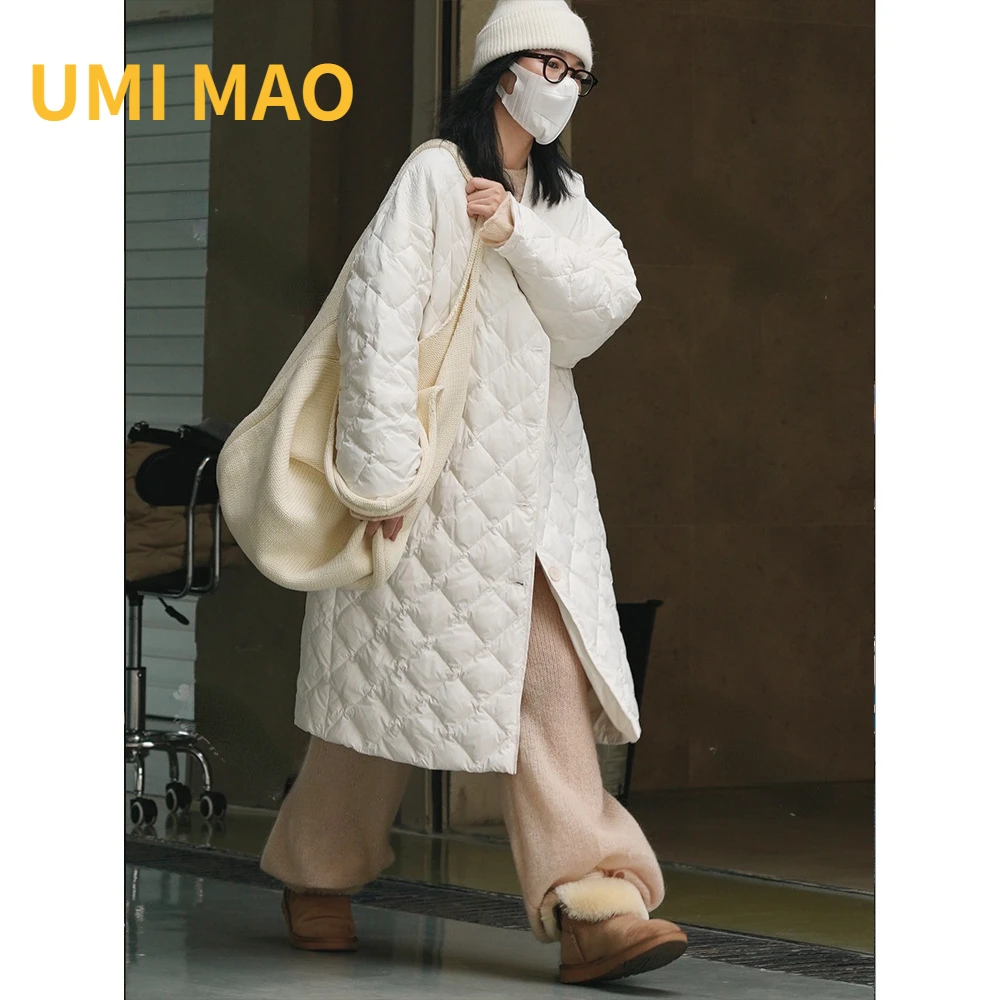 

UMI MAO Harajuku Winter New Korean Simple Rhombic Pressed Down Jacket Lightweight Warm Long Coat Women Thick Women Femme Y2K