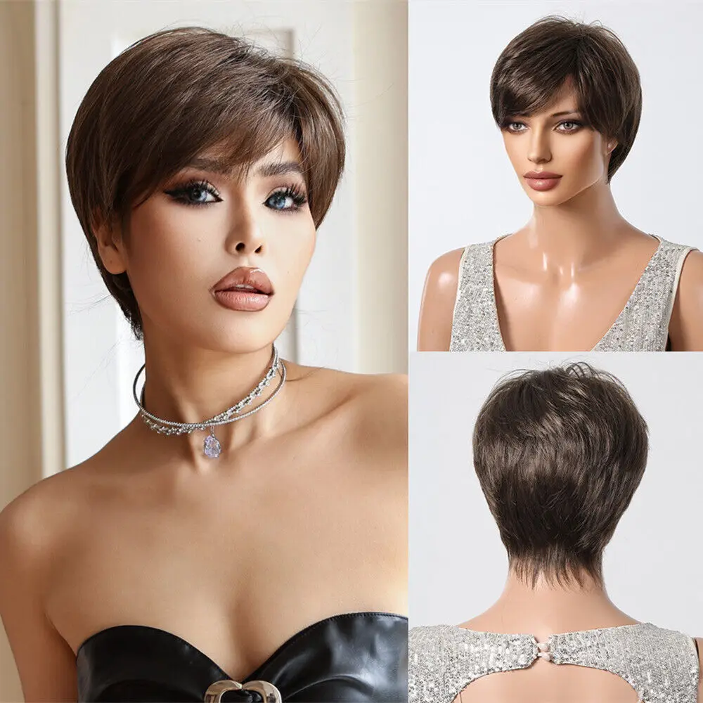 Short Brown Pixie Cut Wig for Women Natural Looking Layered Side Part