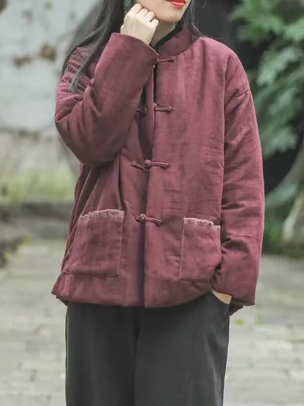 

Women's ort Cotton Jaet Stand Collar Embroidered Button Warmth Winter Coat Thiened Long Sve Regular Fit Commute Sle