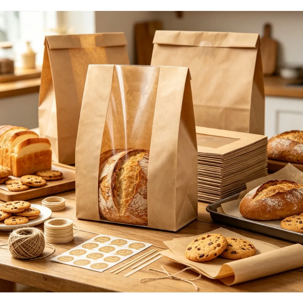50 Pcs Bread Bags for Homemade Bread 50% Thicker With Window Sourdough Bags | Large Kraft Paper Bag, 13.7X8.2X3.7in, Used for Storage Bakery Cookies & Snacks, 60 Cute Sealing Stickers with Ties