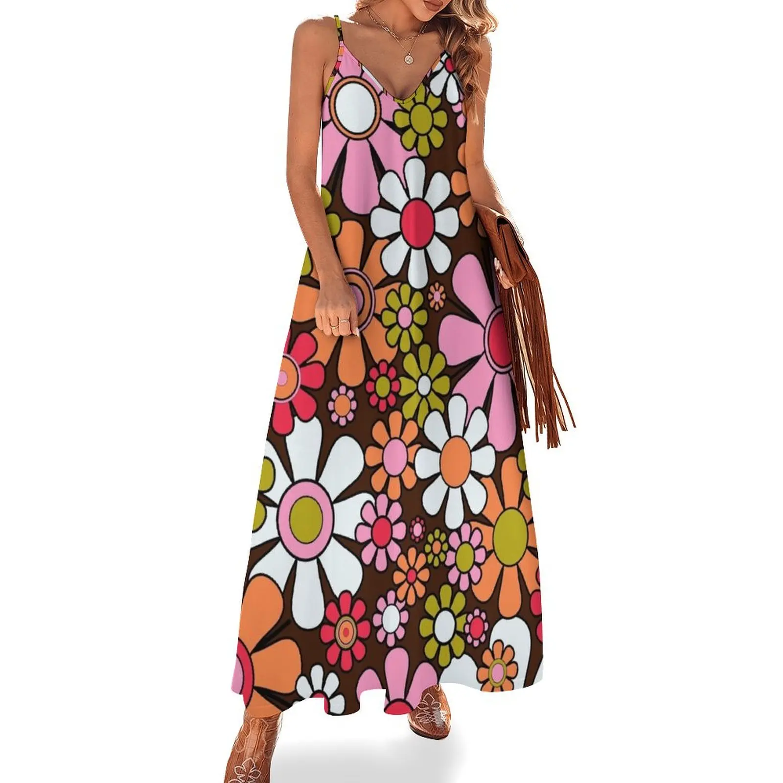 

Retro Garden Flowers Groovy 60s 70s Floral Pattern Pink Brown Avocado Orange Black Sleeveless Long Dress