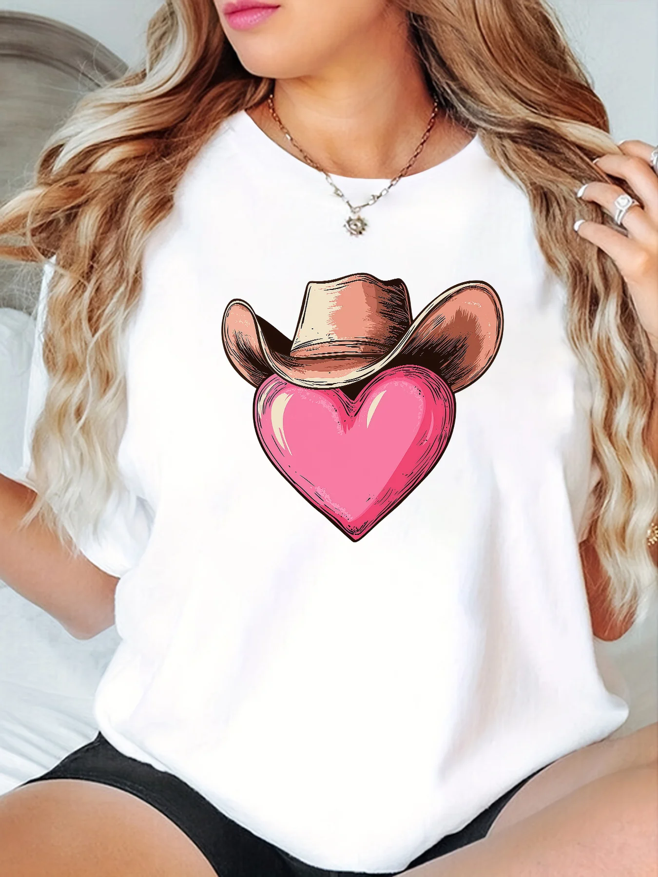 تي شيرت على طراز رعاة البقر الغربي مع طباعة قلب للنساء ملابس كاجوال بأكمام هاراجوكو ملابس علوية للشارع تي شيرت ملابس جمالية #2