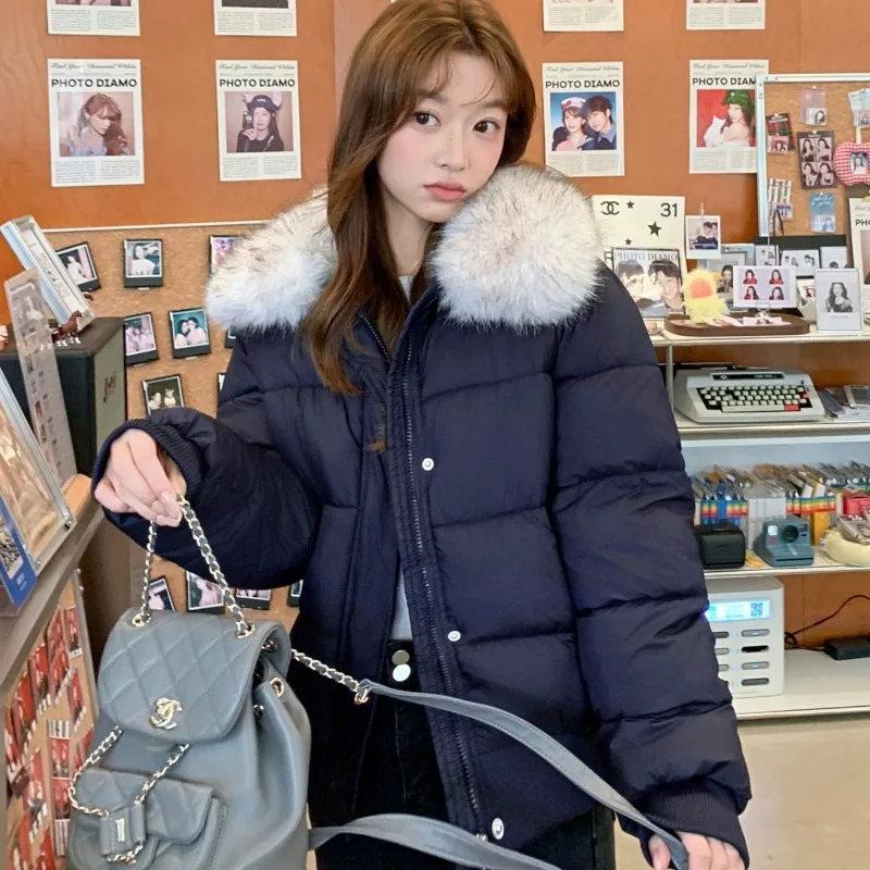 2026 Fashion Puff Down Cotton-padded Jacket Women's Short Coat Winter Fur-collar Parka Thicken Warm Loose Outerwear Student Tops