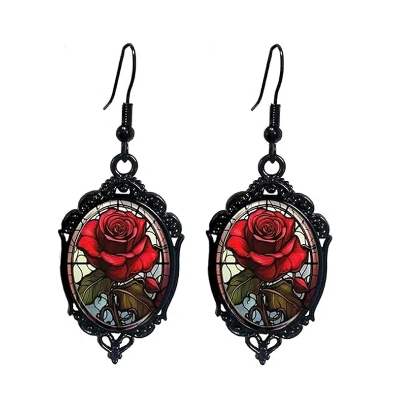 Gothic Red Rose Flower Stained Glass Dangle Earrings Vintage Black Oval Drop Earrings For Women Jewelry