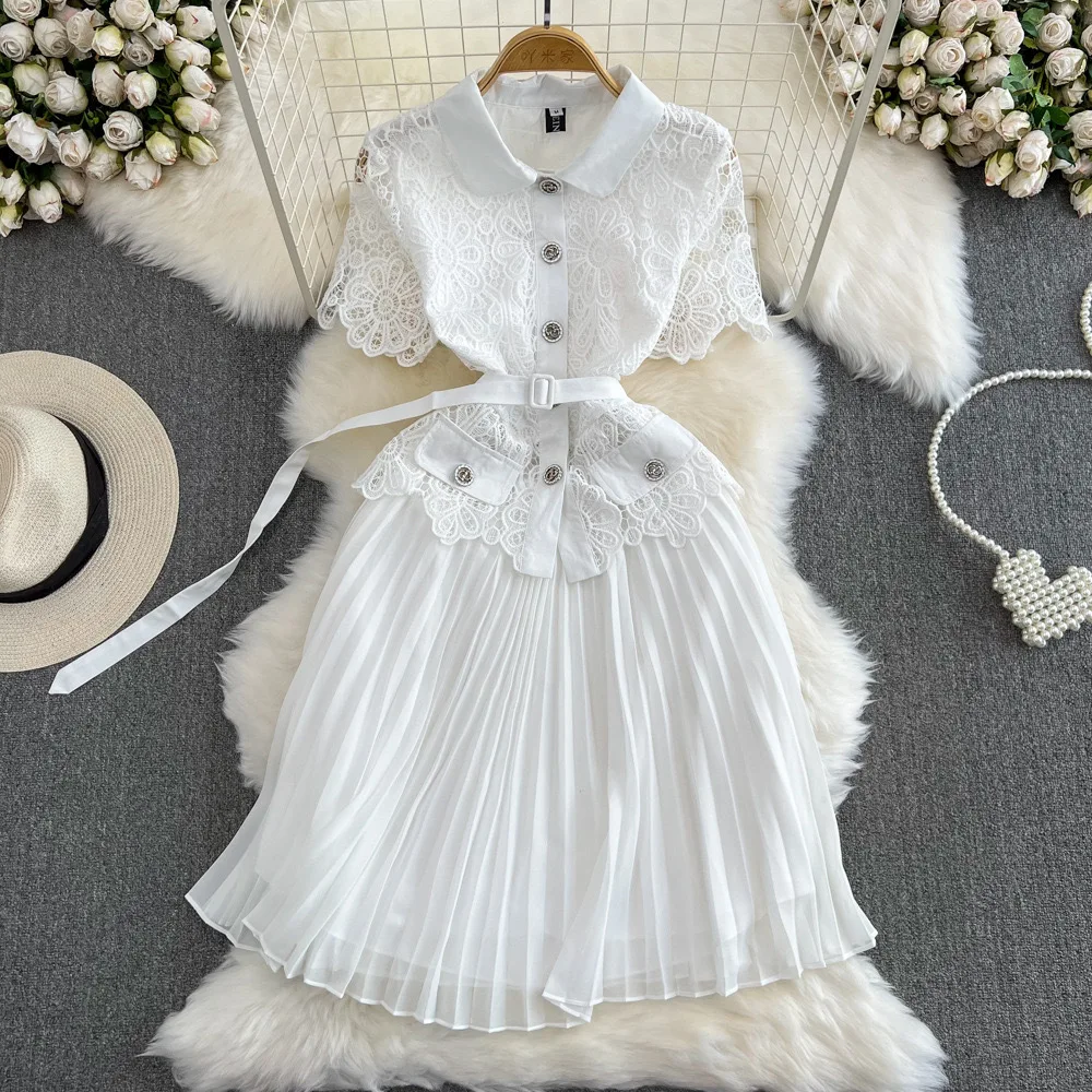 

Mid Length Dress Women White Dresses A Line Lace Party Floral High Waist Vestidos Streetwear Short Sleeve Elegant Y2k 2025