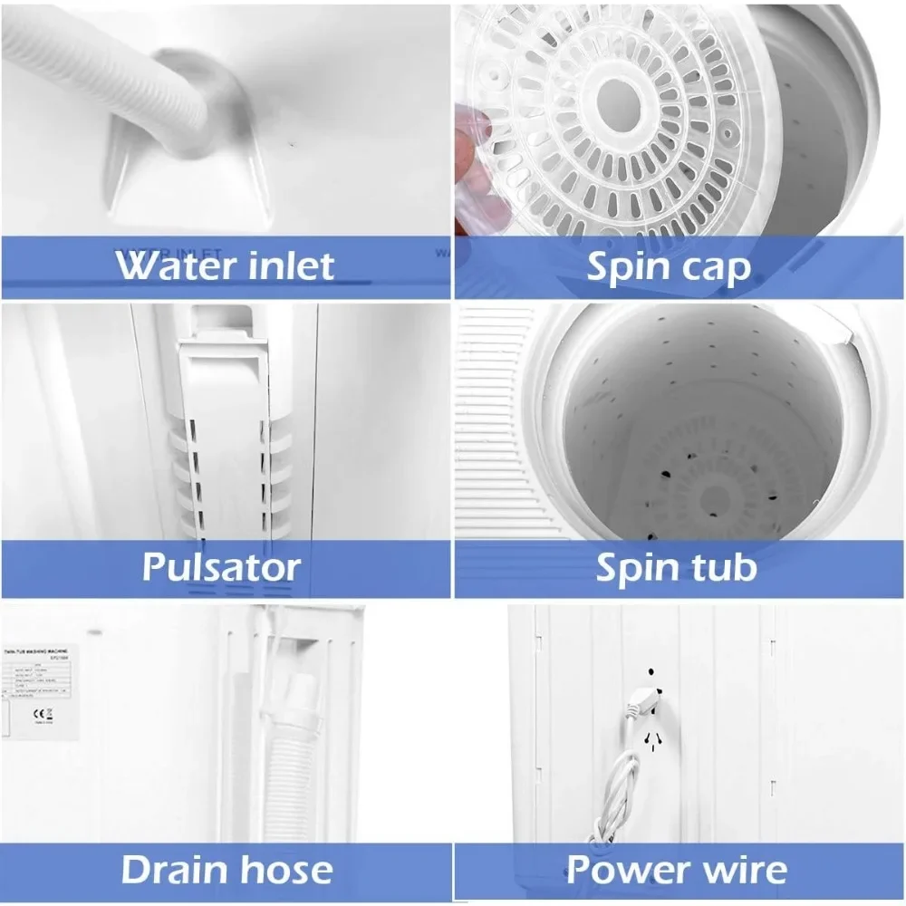 휴대용 미니 컴팩트 트윈 욕조 세탁기, 반자동화 세탁기, 스페인 스피너, 파란색 + 흰색, 20lbs