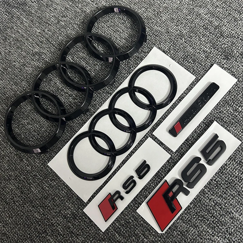 AUDI RS5 2016-2020 2PCS 4Ring logo ABS Black Car Hood Front Grill Emblem Rear Trunk Badge Sticker 2P RS5 1P AUDI Sport  Emblem