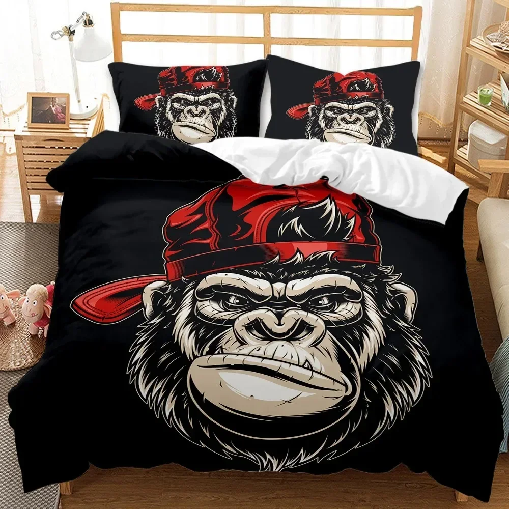 Monkey Duvet Cover Gorilla Head Bedding Set Kids Teens Red Hat Comforter Cover Wild Animal Polyester Quilt Cover Queen Full Size