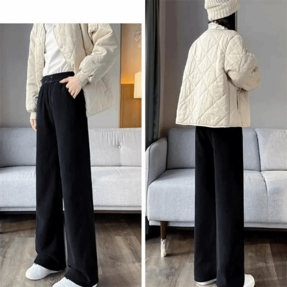 

High Waist Wide Leg Pants Thickened Fleece Sheepskin Lined Fleece Lined Pants Corduroy Material Loose Fit Fleece Trousers