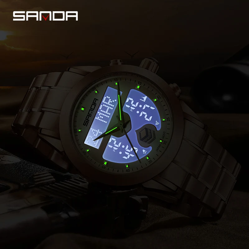 SANDA Hot sale Arab Fashion Multi functional Men's wrist watch Waterproof Calendar Reminder Lndicator Light Men Electronic Clock