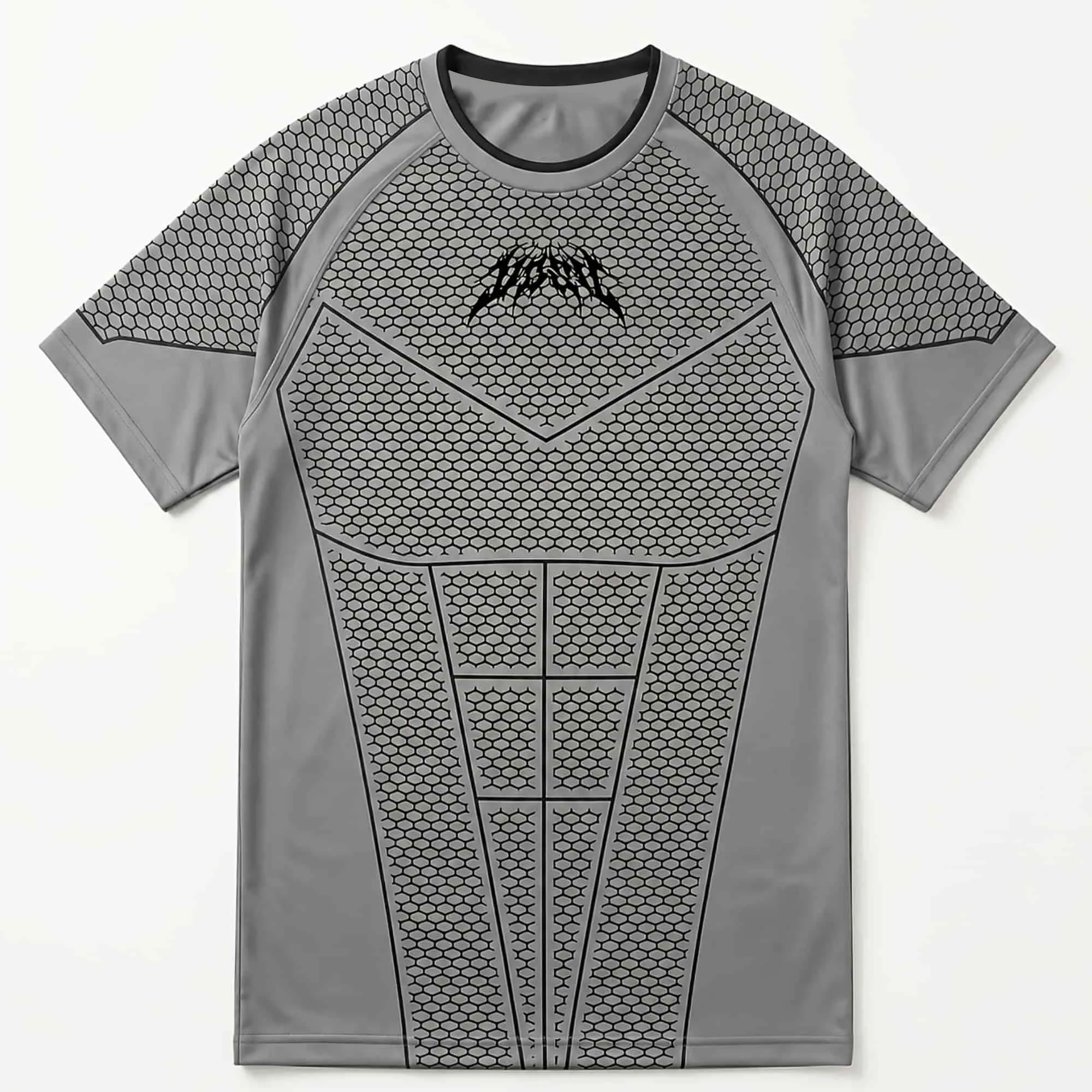 Techwear Grid Texture Athletic Compression Tee Herren Schwarz Gothic Font Print Atmungsaktives Lauf- und Gewichtheben-Kurzarmshirt – Detail 2
