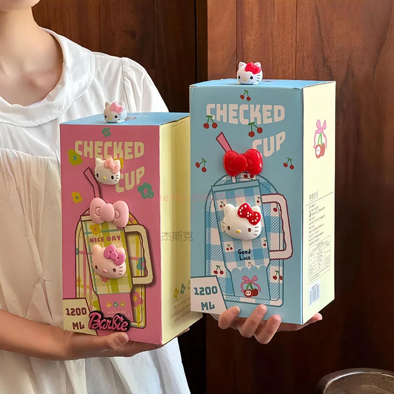 1200ml Hellokitty 304 Stainless Insulated Bottle Pink Blue Grid Coffee Cup Cold And Hot Tumbler Thermo Water Bottle Mug Gift