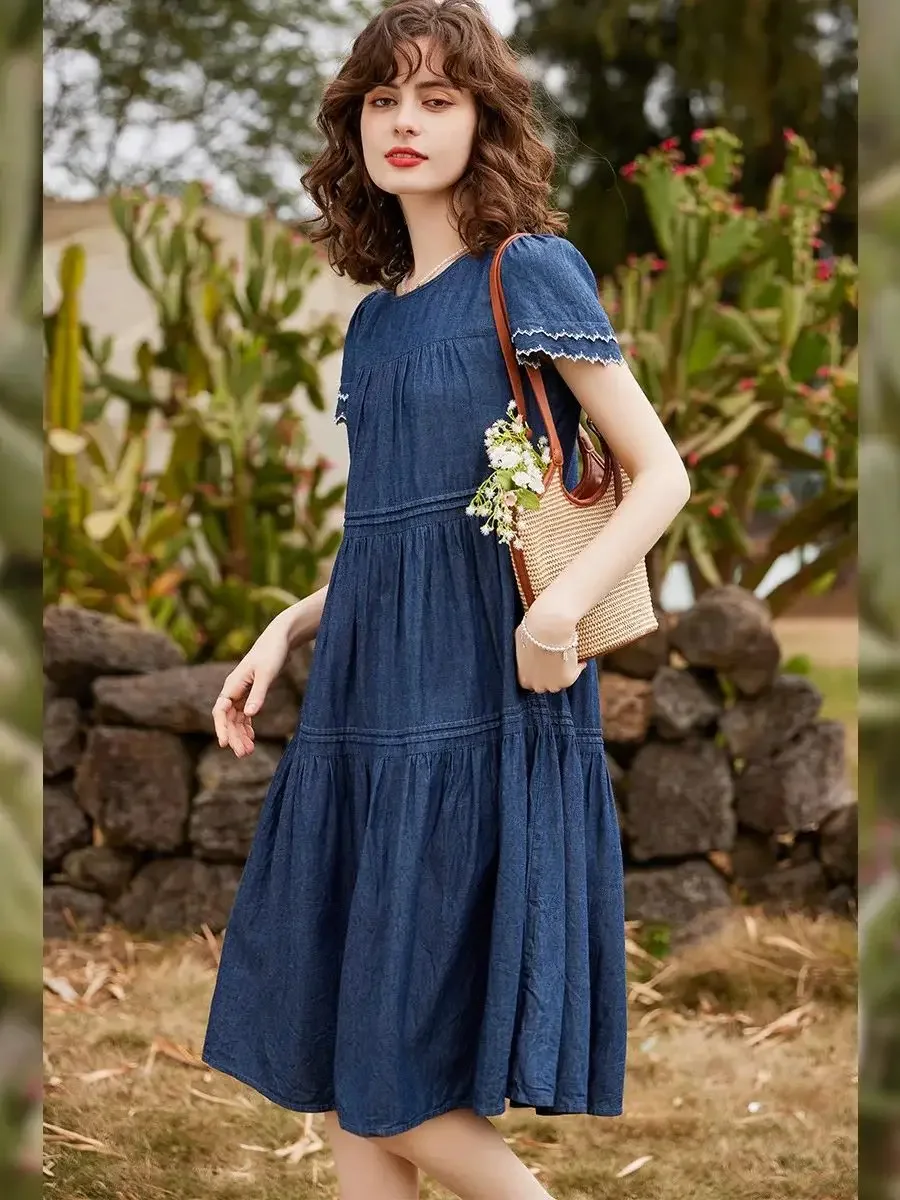 LOUIS YAO Women Denim Dress 2024 Summer 100% Cotton Embroidery Round Neck Short Sleeve Loose A-line Casual Mid Length Dress