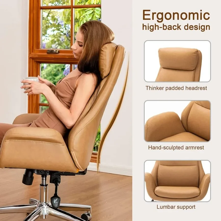 Modern high-back PU leather office chair for computer desks, camel color with lumbar support, adjustable height and swivel func view 4