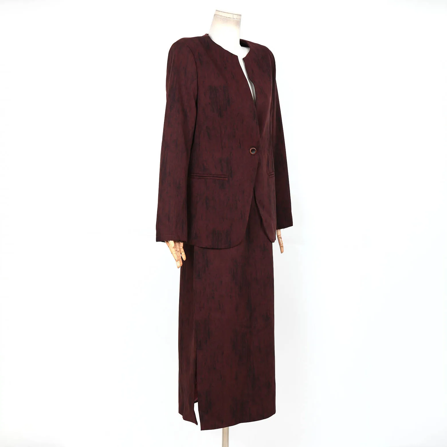 Women's Burgundy Textured Long Sleeve Blazer & Midi Skirt Set High quality 2025 Spring New Elegant Office Two Piece Outfit