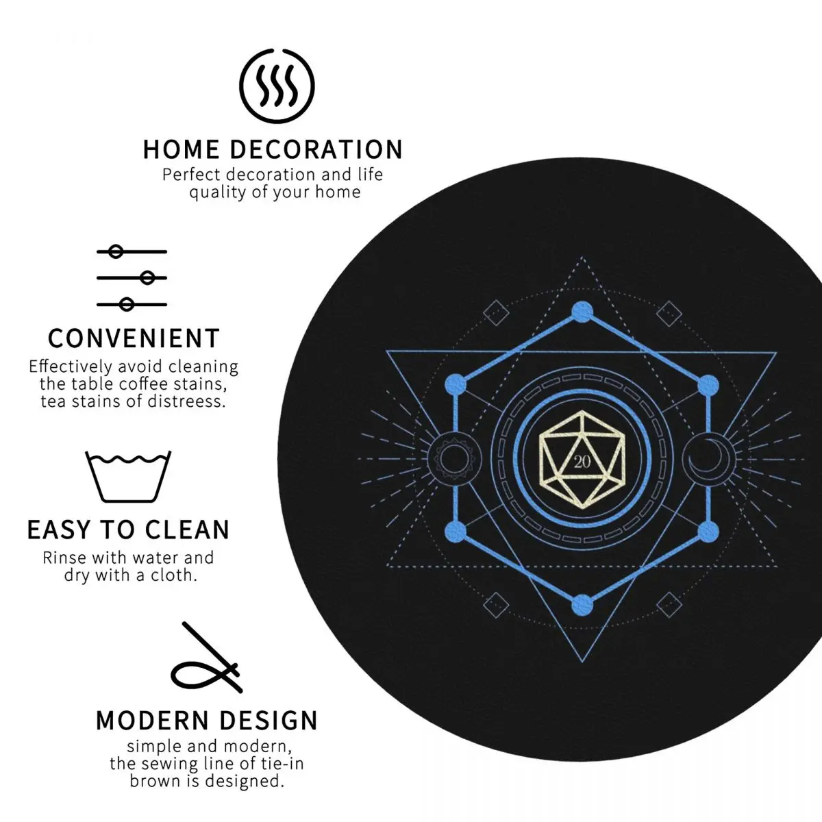 Geometric Minimalist Blue Polyhedral D20 Dice Tabletop RPG Coasters Kitchen Placemats Insulation Cup Coffee Mats Tableware Pads