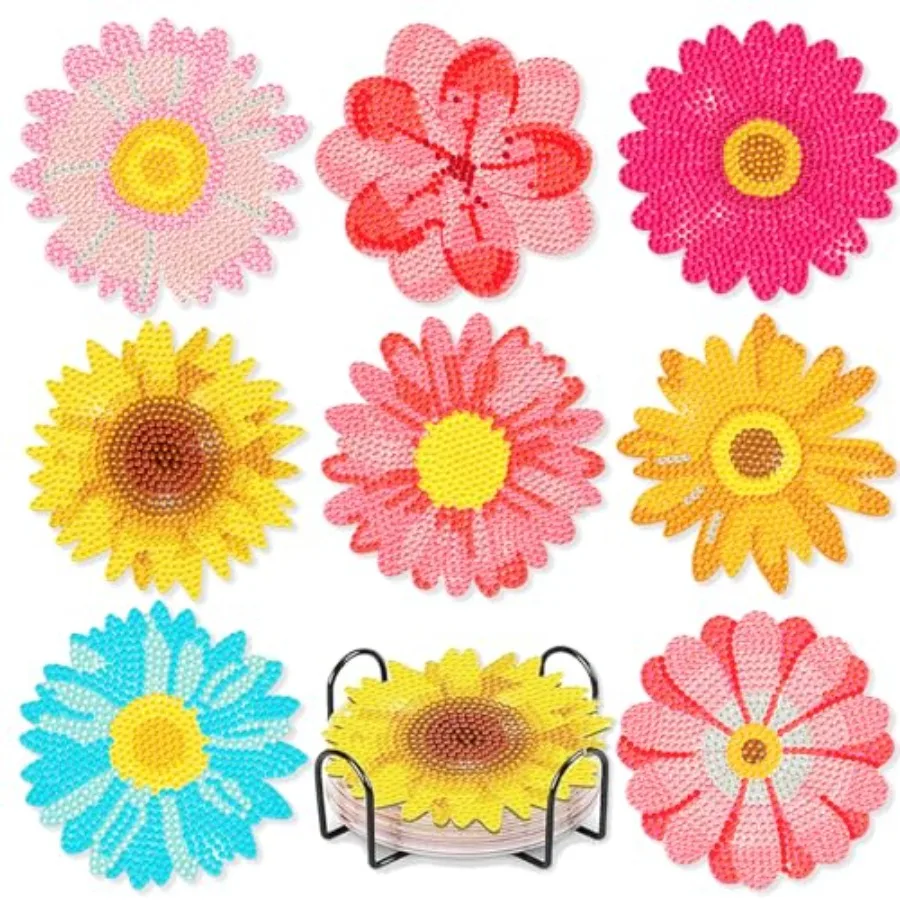 8PCS Flower Diamond Art Coasters Small Diamond Painting Kits for Adults Beginners Women Gem Art Coasters with Holder Funny DIY