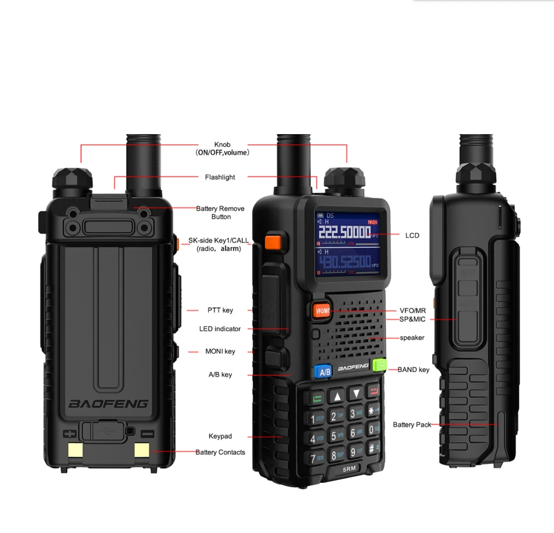 2024 nuevo baofeng 5RM 8W radio portátil multibanda 2500mAh 999CH tipo C carga directa radio bidireccional de largo alcance