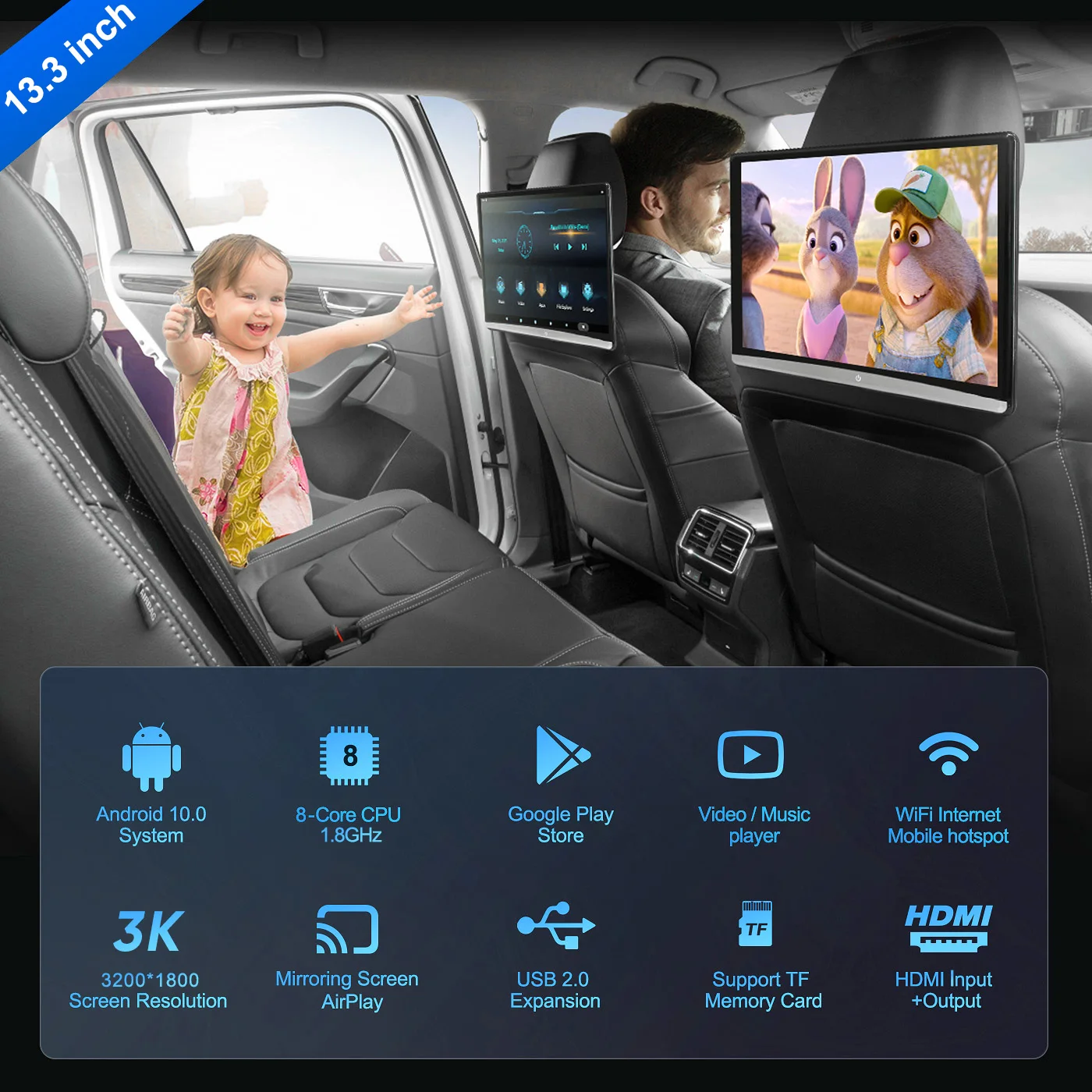 Ainavi 4K Car Headrest Monitor HDMI OUT Car Rear Multimedia TV Android 11.0 Multifunction Tablet Touch Screen HDMI IN Airplay