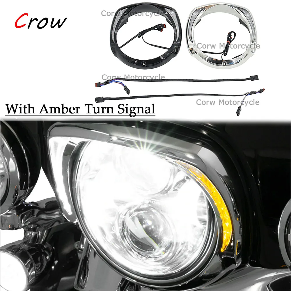 

With Amber Turn Signal LED Headlight Bezel Visor Trim Ring For Harley CVO Touring Electra Glide Street Glide Tri Glide 2014-Up