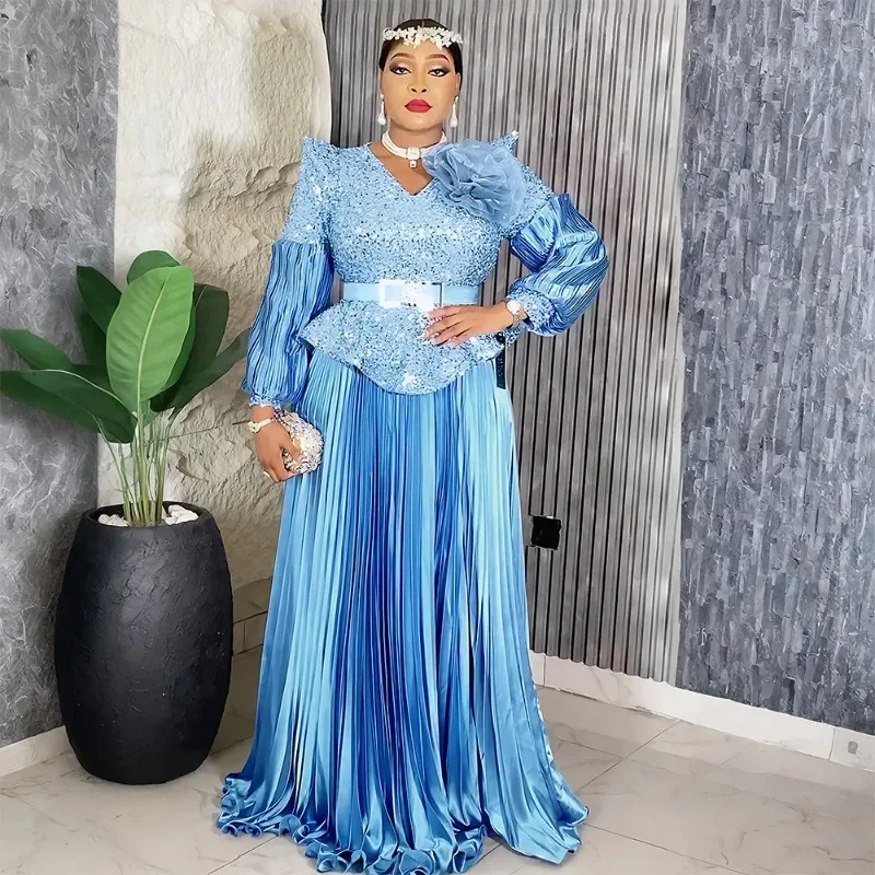 

Africa Dress for Women for Evening Party Elegant African Long Sleeve V-neck Sequin Wedding Pleat Long Maxi Dress Christmas Gowns