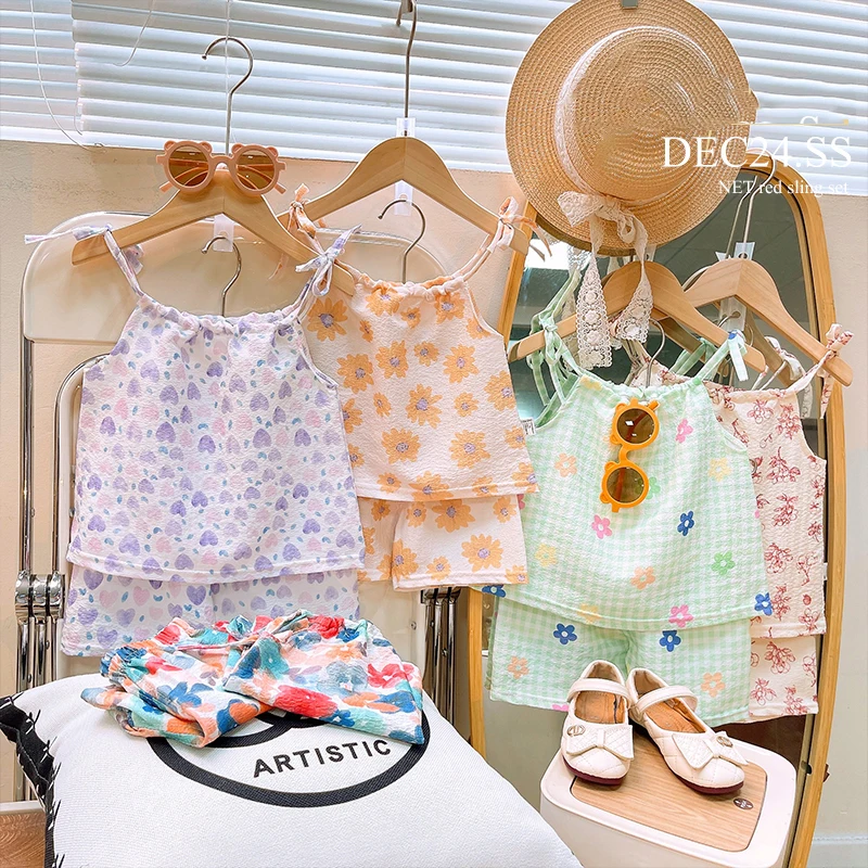 Fashion Floral Summer Thin Sleeveless T-shirts Shorts Sets for Baby Kids Girls Cooling Beach Traveling Tops Shorts for Children