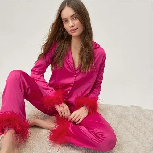 

Casual Loose Feather irt Pants Set Two-Piece Suit Silk Simulation Fabric Pure Color Simple Sle for Young Women Autumn Wear