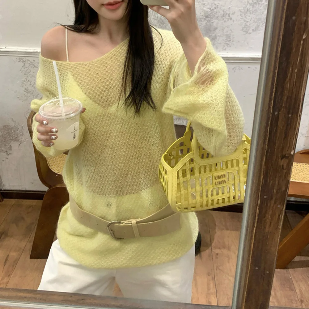 

Hollow Knit Mohair Sweater Women Loose V-neck Frayed Edges Wool Long Sleeve Cardigan