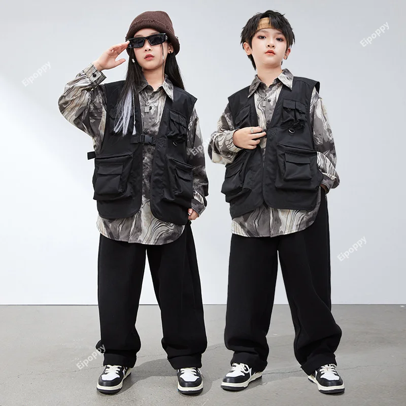 Boys Street Dance Fanshion Ink Wash Shirt Cargo Vest Pants Girls Hip Hop Blouse Clothes Sets Child Costumes Kids Jazz Streetwear