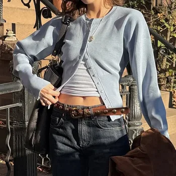 צוואר עגול מותניים גבוה של נשים צוואר עגול קרדיגן עם שרוול ארוך סוודר קצר