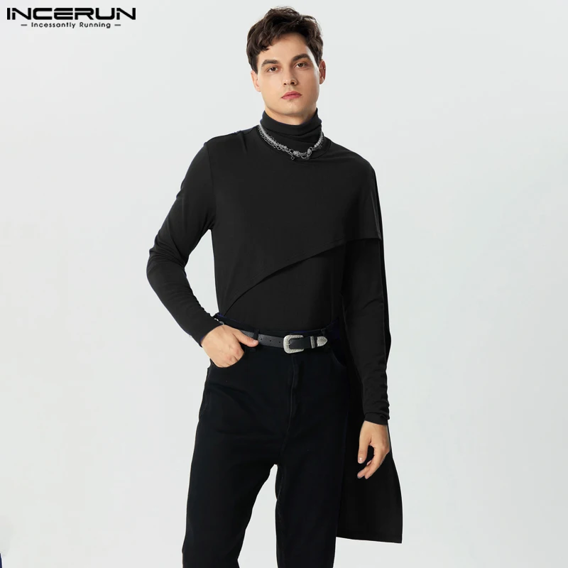 

INCERUN Tops 2023 American Style Handsome Men's Knitted Pit Stripe High Neck Pullover Casual Fashion Solid Elastic Sweater S-5XL