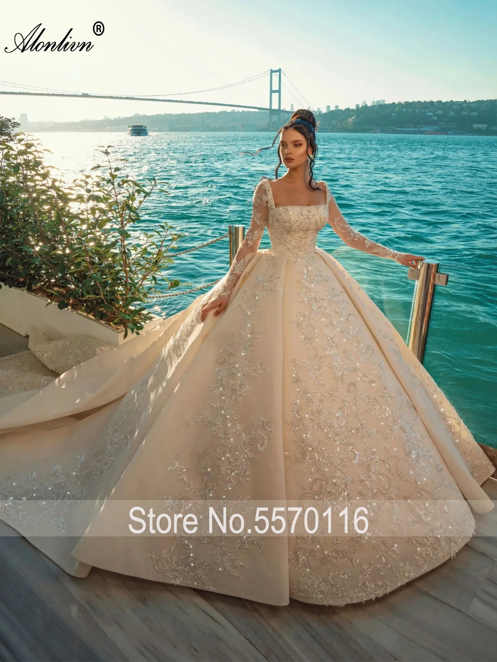 Alonlivn Elegant Satin Square Collar Ball Gown Wedding Dresses Full Sleeves Beading Pearls Appliques Long Train Vestido De Noiva