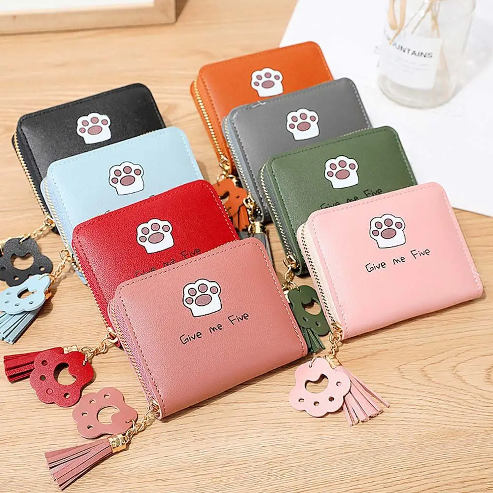 Elegant Mini Coin Purse Sweet Cat Claw Letter Tassel Purse Wallets For Women Casual PU Leather Zipper Money Bag Card Holders