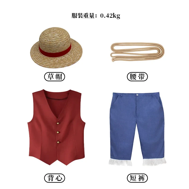 ▶❤Movie Luffy Cosplay Costume Anime Monkey D Luffy Cosplay Uniform Shirt Pants Hat Outfits for Kids Adult Halloween Party Cost❤◀ view 4